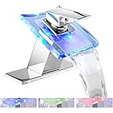 Bathroom Sink Faucet LED Light 3 Colors Changing Waterfall Glass Spout Hot Cold Water Mixer Single Handle One Hole Deck Mounted Bathroom Faucet Chrome Lavatory Vanity Basin Bath Plumbing Fixtures