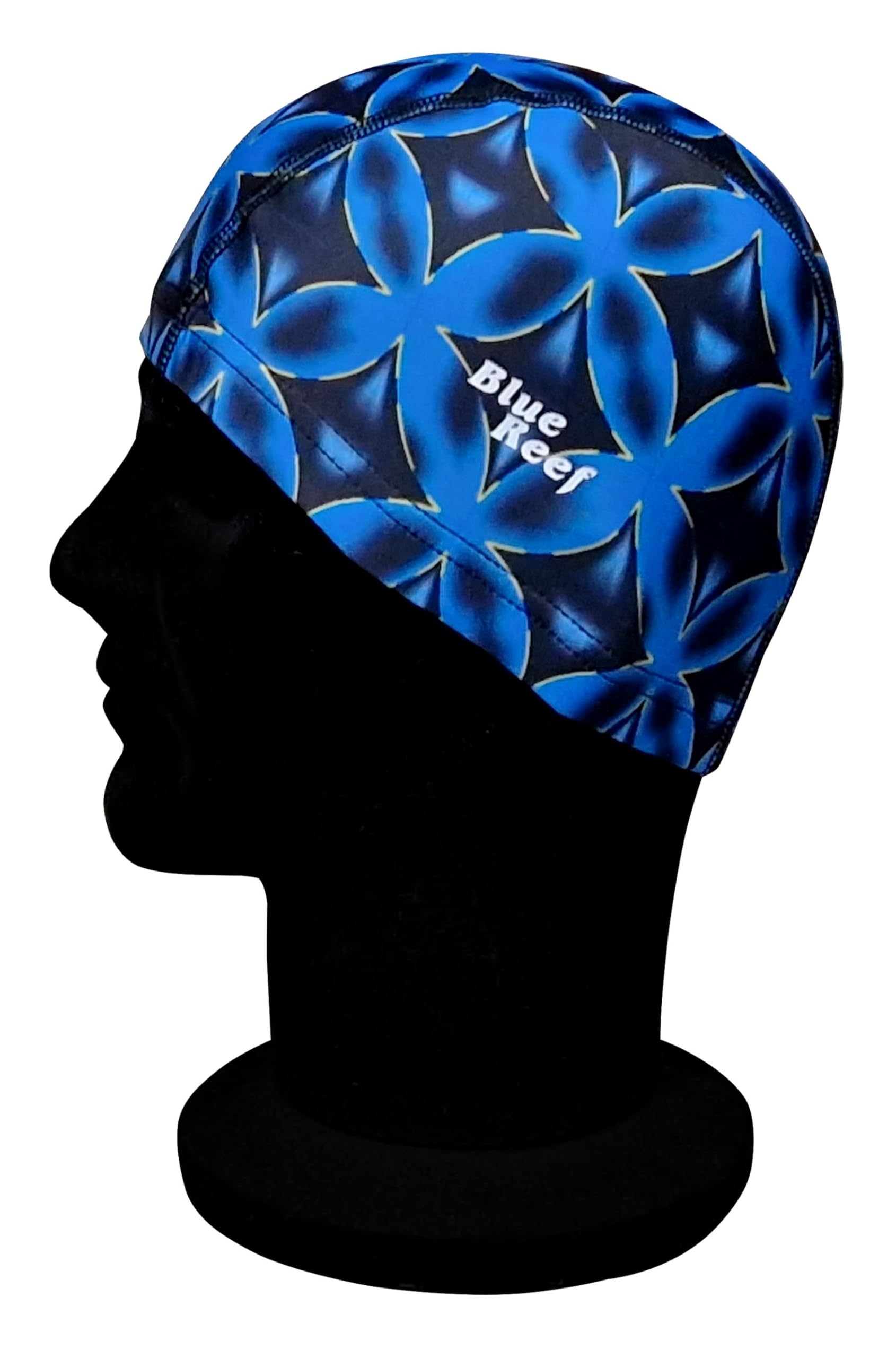 Blue Reef Elasticated Unisex Nylon Lycra Stretchy Swim Hat Bathing Cap Geometric Atlantic Print Deluxe Pull On One Size Fits All Suitable For All Ages 3+ Years (Blue Print)