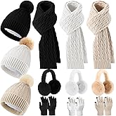ShinyMatch 12 Pcs Winter Hat Gloves Scarf Earmuff Set Beanie Pompom Fleece Lining Hat Touch Screen Gloves Knitted Scarf
