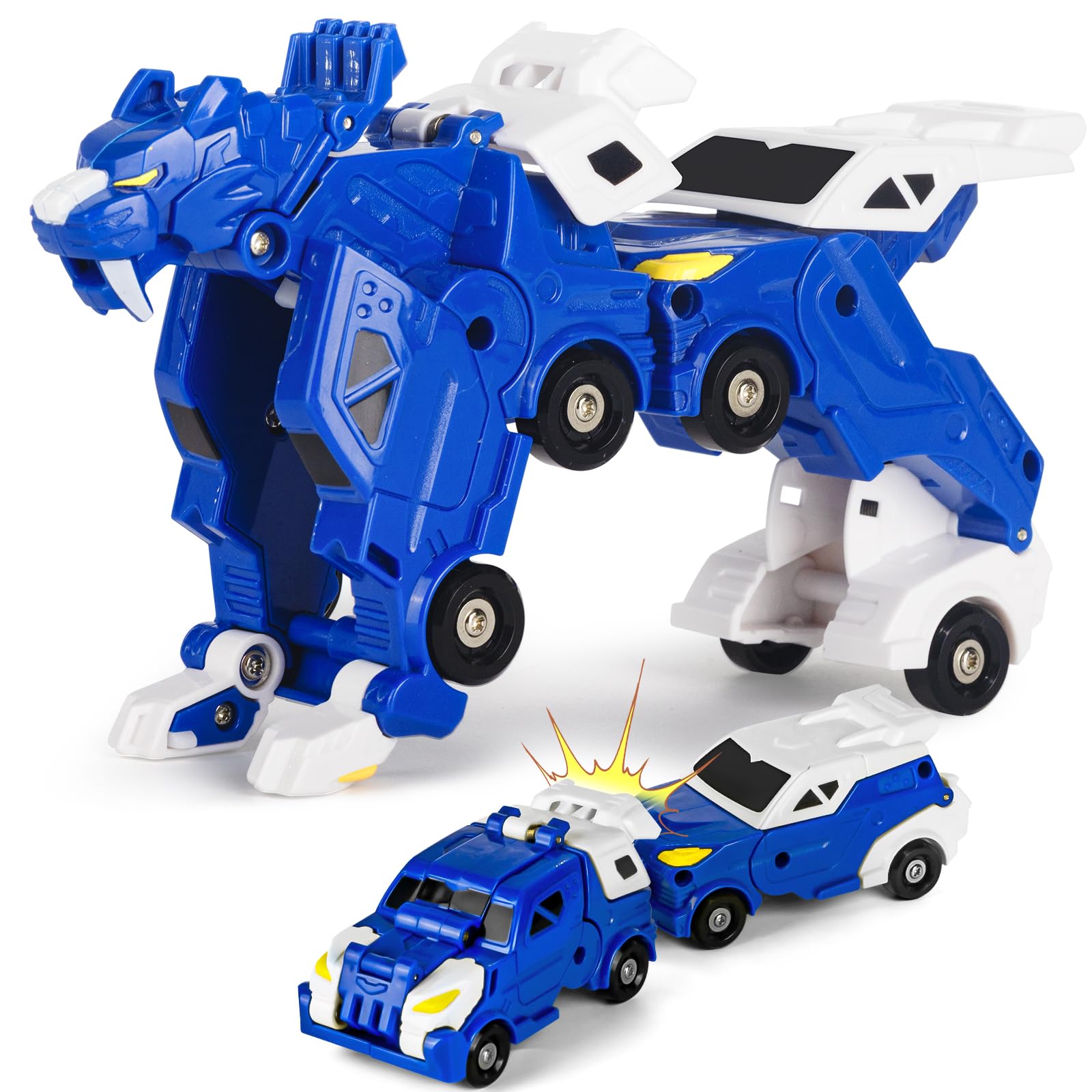 YTKIH Magnetic Transformer Car Toys, 2 in 1 Crash Transform into Dinosaur Car Toys, Collision Transforming Car Birthday Easter Party Gifts for 3 4 5 6 7 8 Years Old Kids Boys Girls, Blue