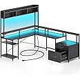 Rolanstar Computer Desk with File Drawers, 99.2" L Shaped Gaming Desk with Hutch, Reversible Desk with Power Outlet, LED Strip & Monitor Stand, 2 Person Home Office Desk, Black