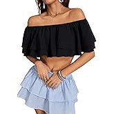 OYOANGLE Women's Off Shoulder Short Sleeve Ruffle Blouse Summer Vacation Crop Tops