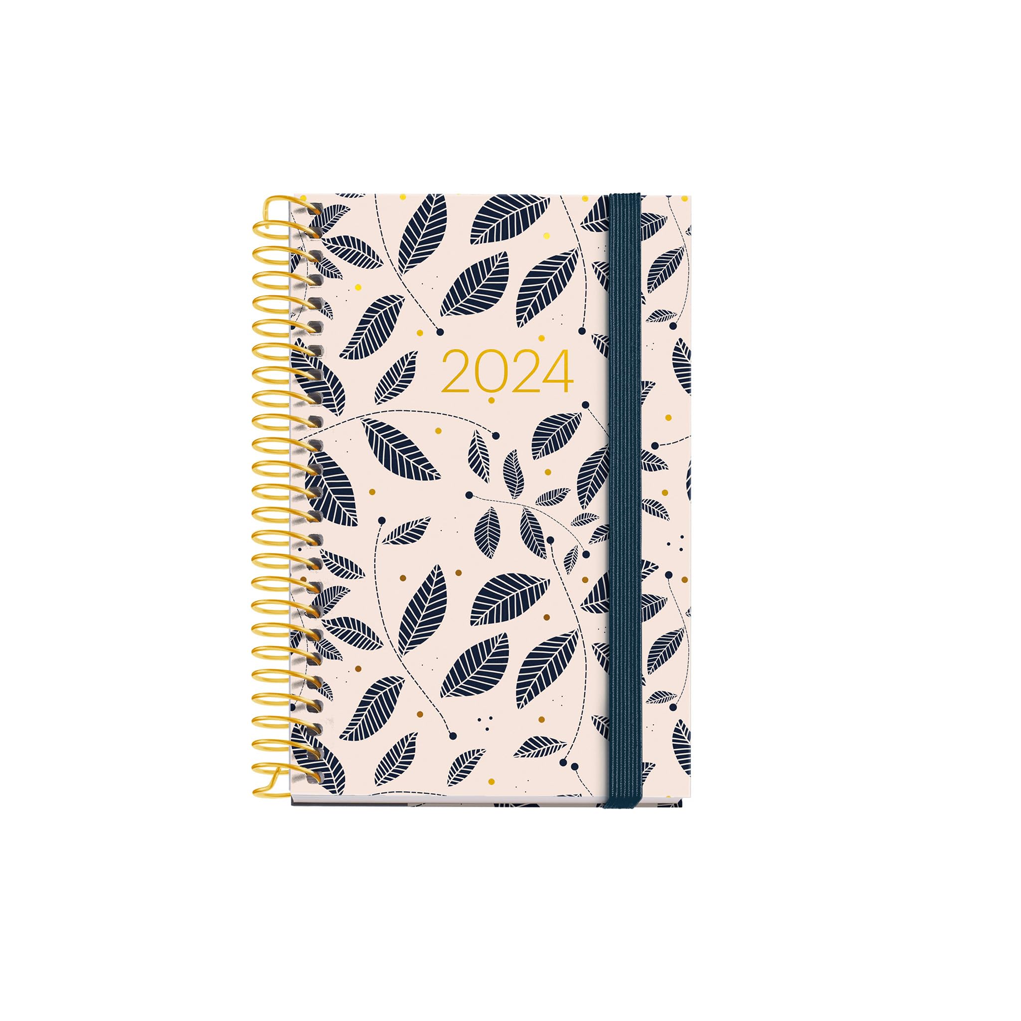 Miquelrius - Annual Diary 2024, Day Page, Caddy Size 80 x 120 mm, Hard Cover, Spiral Binding, Elastic Closure, Catalan, English and Portuguese, Gold Stamping Sheets