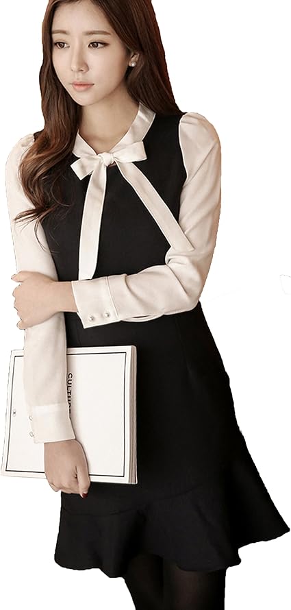 Amazon Co Jp Minimali フェイクレイヤード ワンピース 長袖 リボン ブラウス 裾フレア 気品 清楚 S 黒 服 ファッション小物