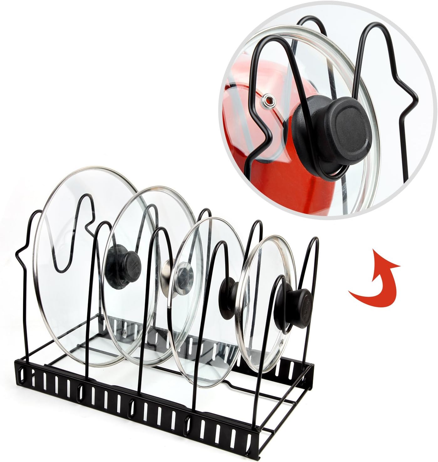 Height Adjustable Pan Organizer Rack, VDOMUS Pan and Pot Lid Holder Black Metal (Black): Home Improvement