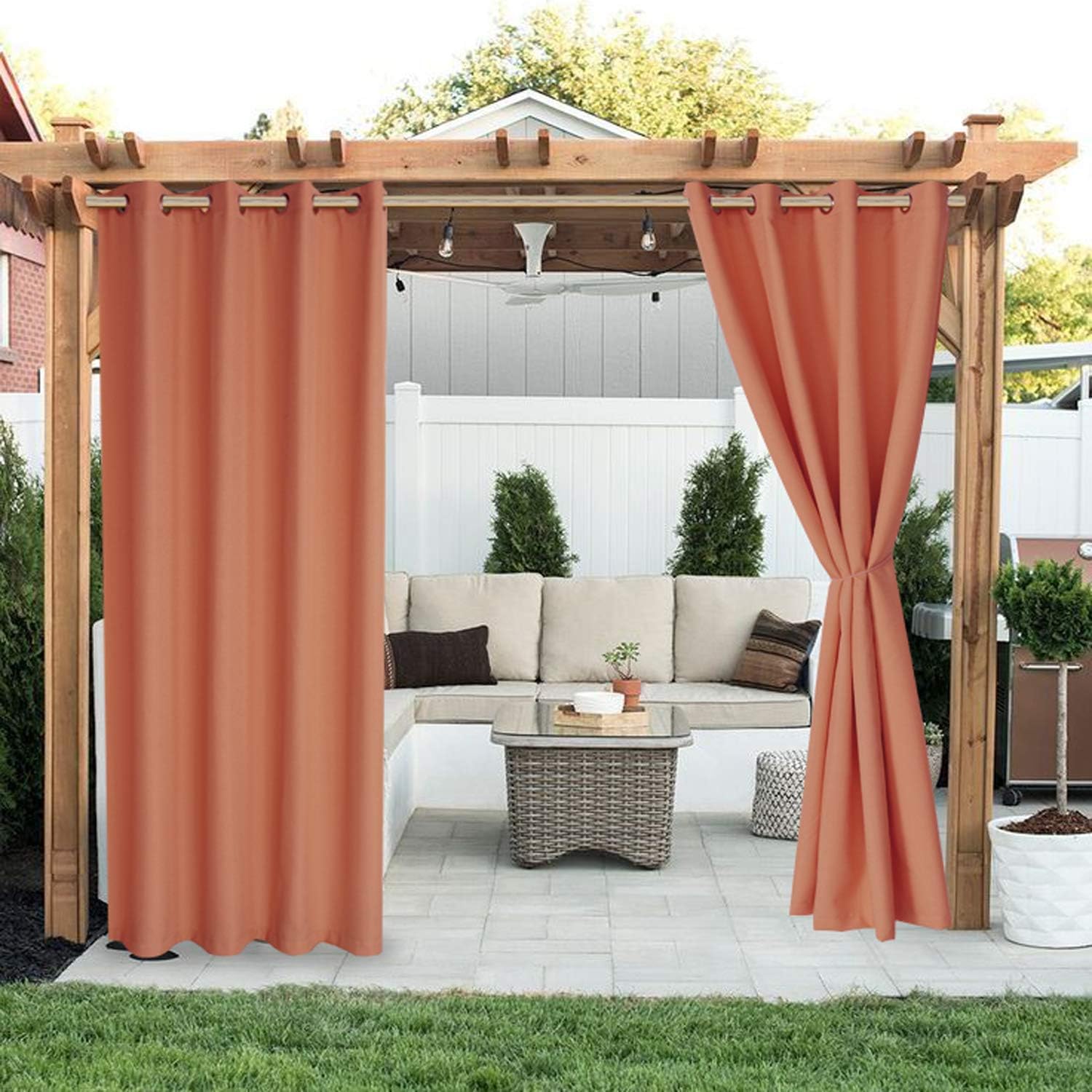 Outdoor Curtains - LORDTEX Linen Look Indoor/Outdoor Curtains, 52 x 84 Inch, Mecca Orange, Set of 2 Panels – Waterproof, Privacy, Sun Blocking Textured Grommet Curtains for Patio, Pergola, Porch, Deck, Lanai, and Cabana