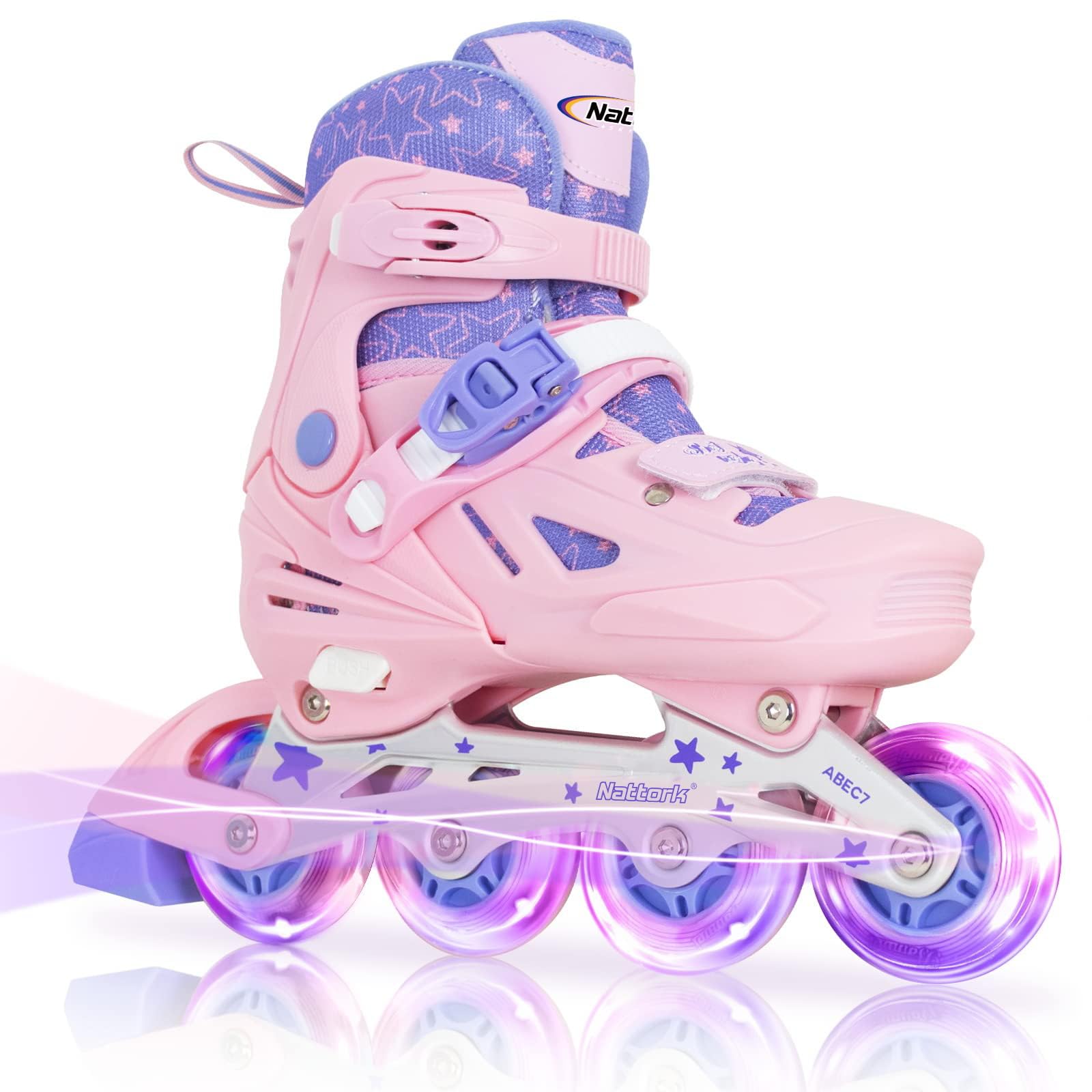 Photo 1 of Nattork Inline Skates for Girls and Boys Kids, 4 Sizes Adjustable Inline Skates with Light up Wheels, Illuminating Beginner Roller Skates for Kids & Adult Youth Teal Age 10-12 Size 5 6 7 8