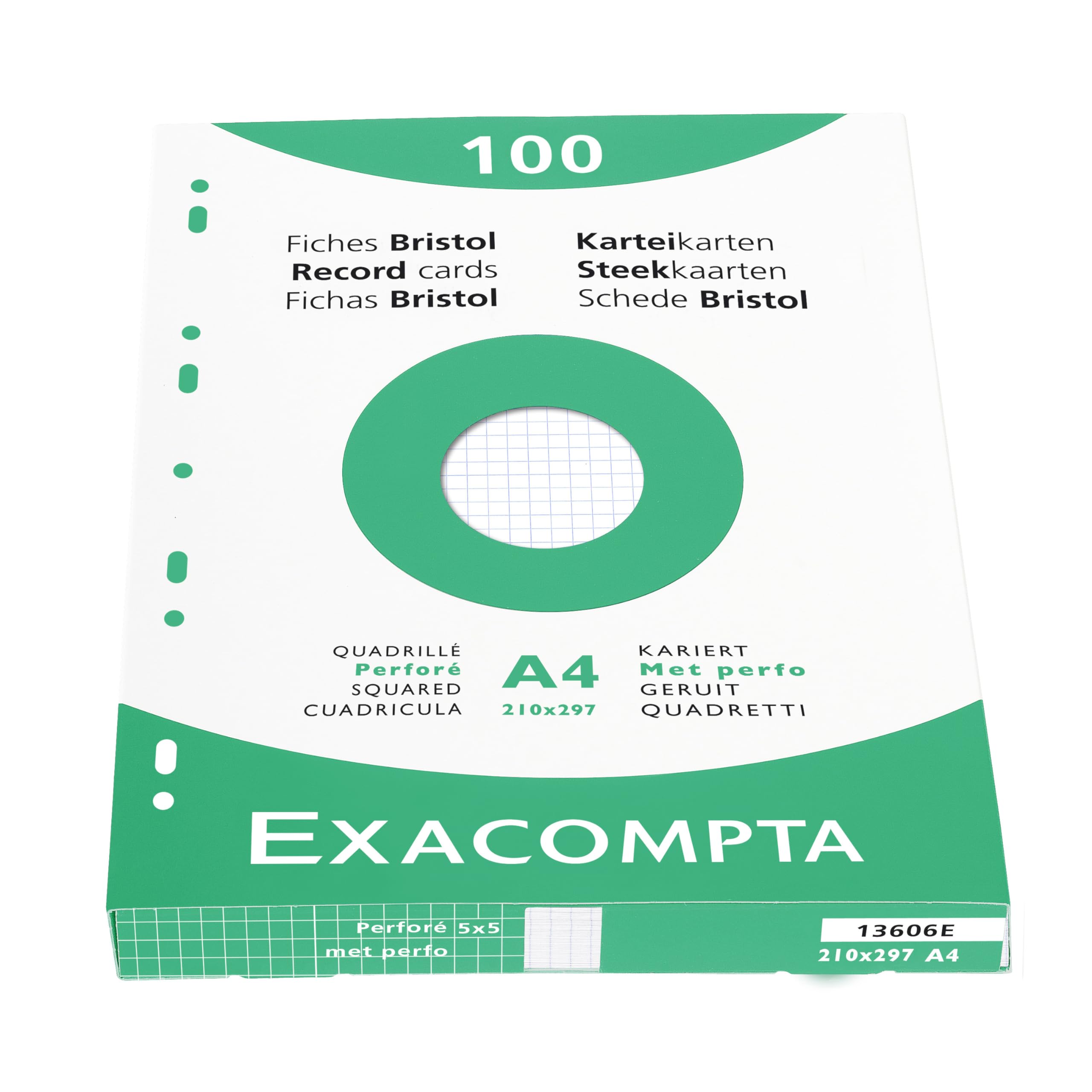 Exacompta - Ref 13606E - Bristol Squared Record Cards (Pack of 100) - A4 in Size, 205gsm Card, Compatible with Printers - Suitable for Exam Revision & Notes - White — image 1