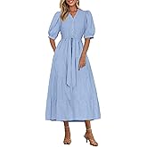 PRETTYGARDEN Summer Dresses for Women 2026 Elegant Classy Short Sleeve V Neck Ruffle A Line Belted Long Beach Vacation Dress