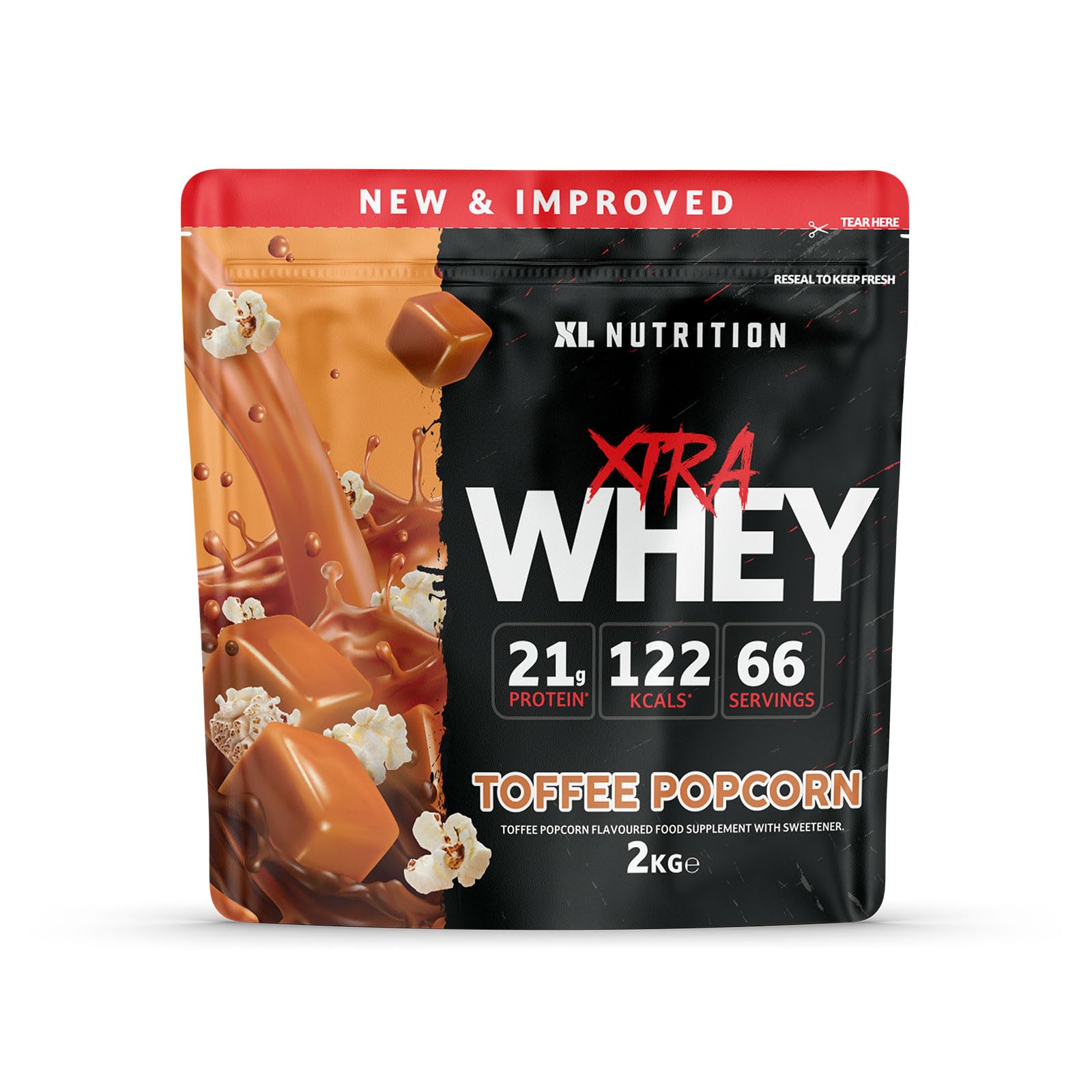 XL Nutrition Whey Protein Powder | High Protein, Low Carbohydrates | 67 Servings, 2kg | Suitable for Vegetarians | Ideal for Muscle Building, Recovery Support (Caramel Toffee Popcorn Flavour)