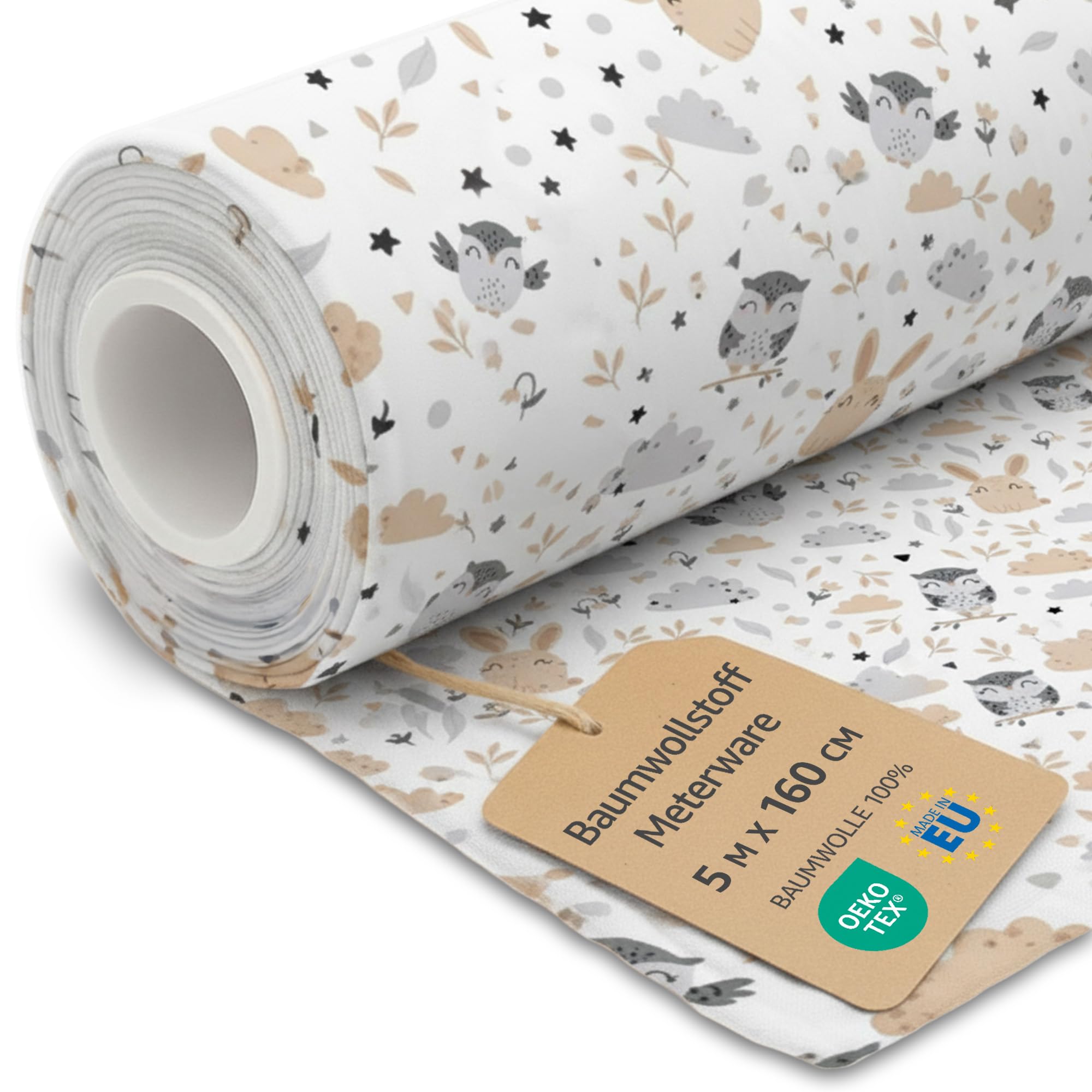 Fabric by the Meter Cotton 5 M x 160 cm - Fabrics for Sewing Decoration and DIY Projects Ideal for Clothing Home Textiles and craftwork Oeko-Tex Owls — image 1