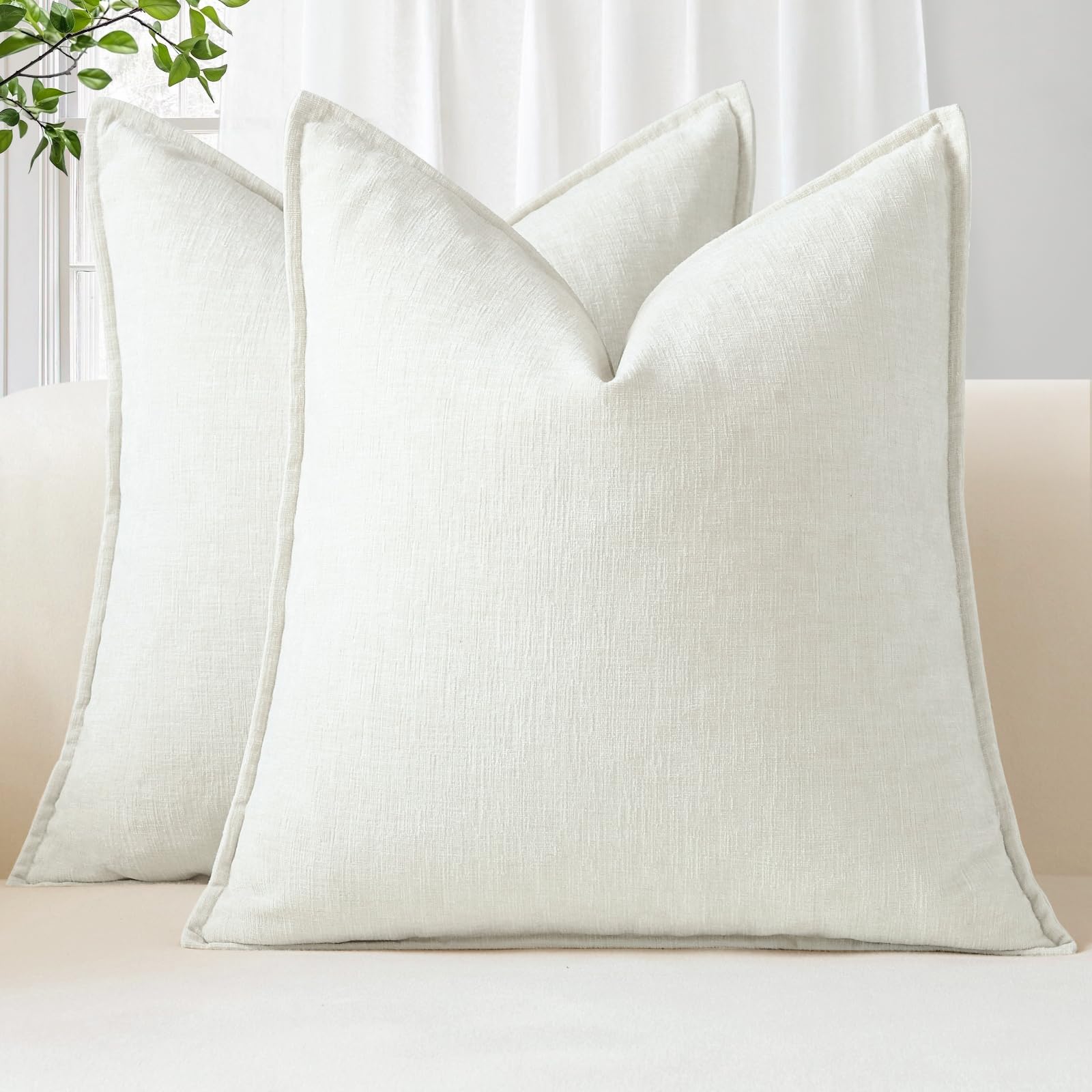 Sungeek Set of 2 Soft Chenille Cushion Covers 60x60cm Square Decorative Throw Pillow Covers with Stitched Edge Solid Dyed Pillow Cases Covers for Home Decor Couch Sofa Bed Living Room, Cream White