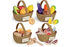 Lehoo Castle Wooden Play Food for Toddlers, Toys Food for Kids Kitchen Accessories, 4 Food Groups Pretend Cutting Fruits, Mon