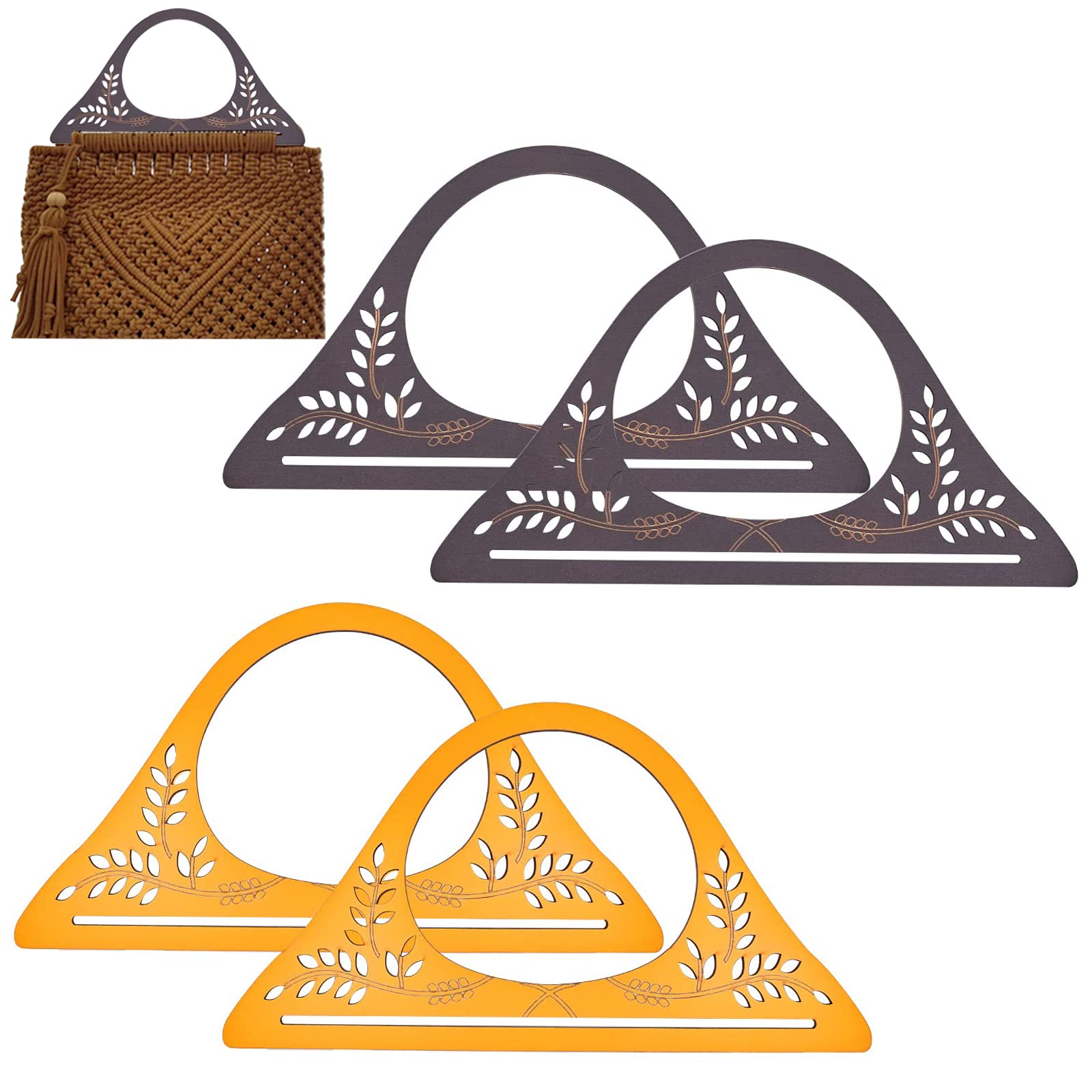 CHGCRAFT 4Pcs Pre-hole Wooden Purse Handle Frame with Patterns Triangle-like Shaped Purse Handles Wooden Purse Handle for Macrame bags Handmade Bag for Crocheting, Orange Coconut Brown