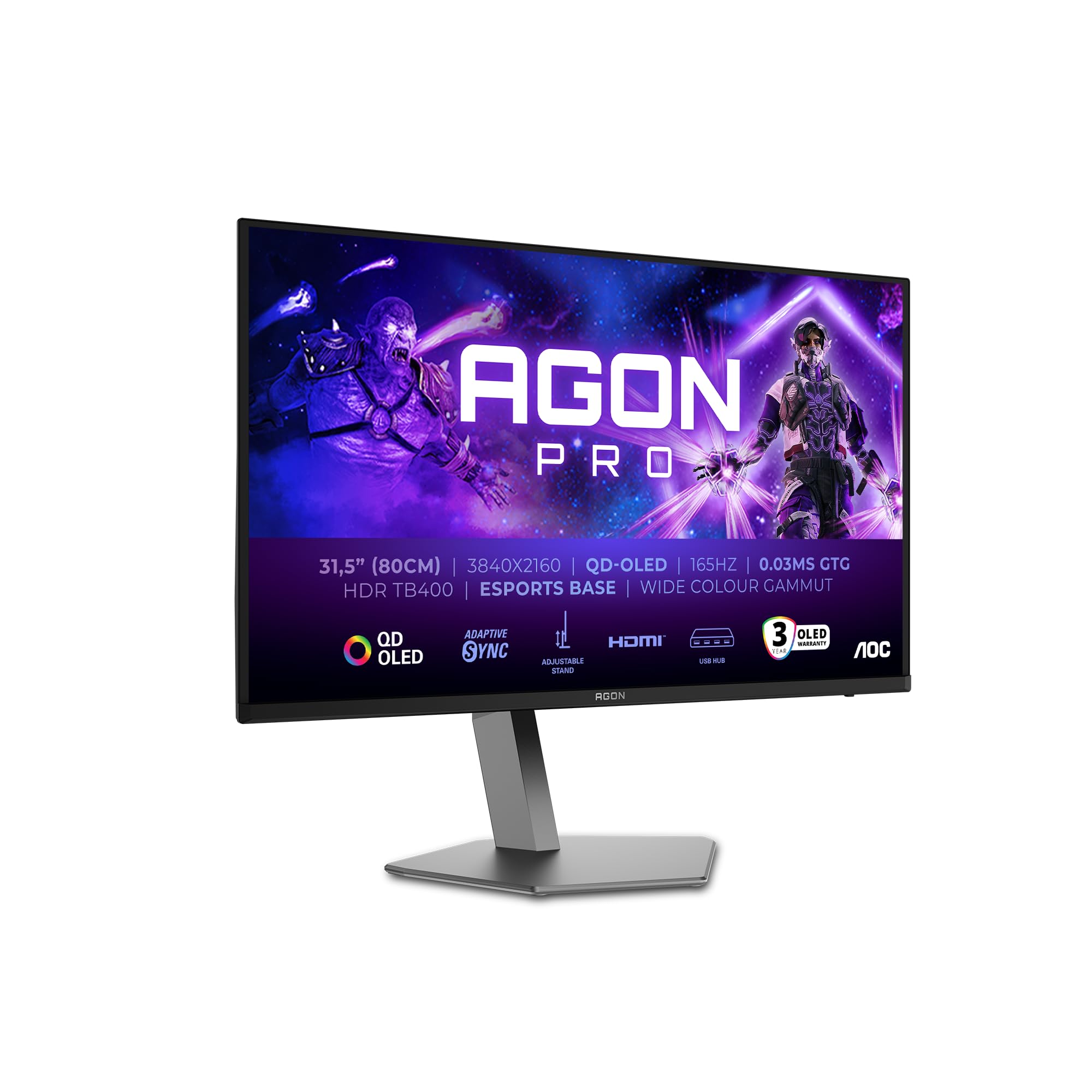 AOC AG326UDAM 32 zoll UHD USB Hub Gaming Monitor, 165Hz, QD-OLED Panel, 0.03ms GtG, HDR400 TB, FreeSync Prem. Pro, G-Sync Comp., Höhenverstellung,Lautsprecher,(3840x2160 HDMI 2x 2.1 DP 1x 1.4)Schwarz