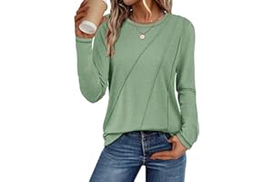 ATHMILE Womens Long Sleeve Shirts Pleated Crew Neck Casual Fall Fashion Tops Loose Fit Lightweight Girls Outfits Clothes