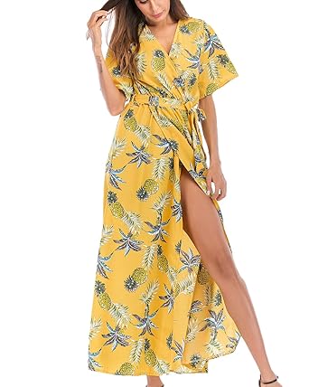 Women Wrap Maxi Dress Boho Floral Flowy V Neck Short Sleeves Split Summer Party Beach Dresses