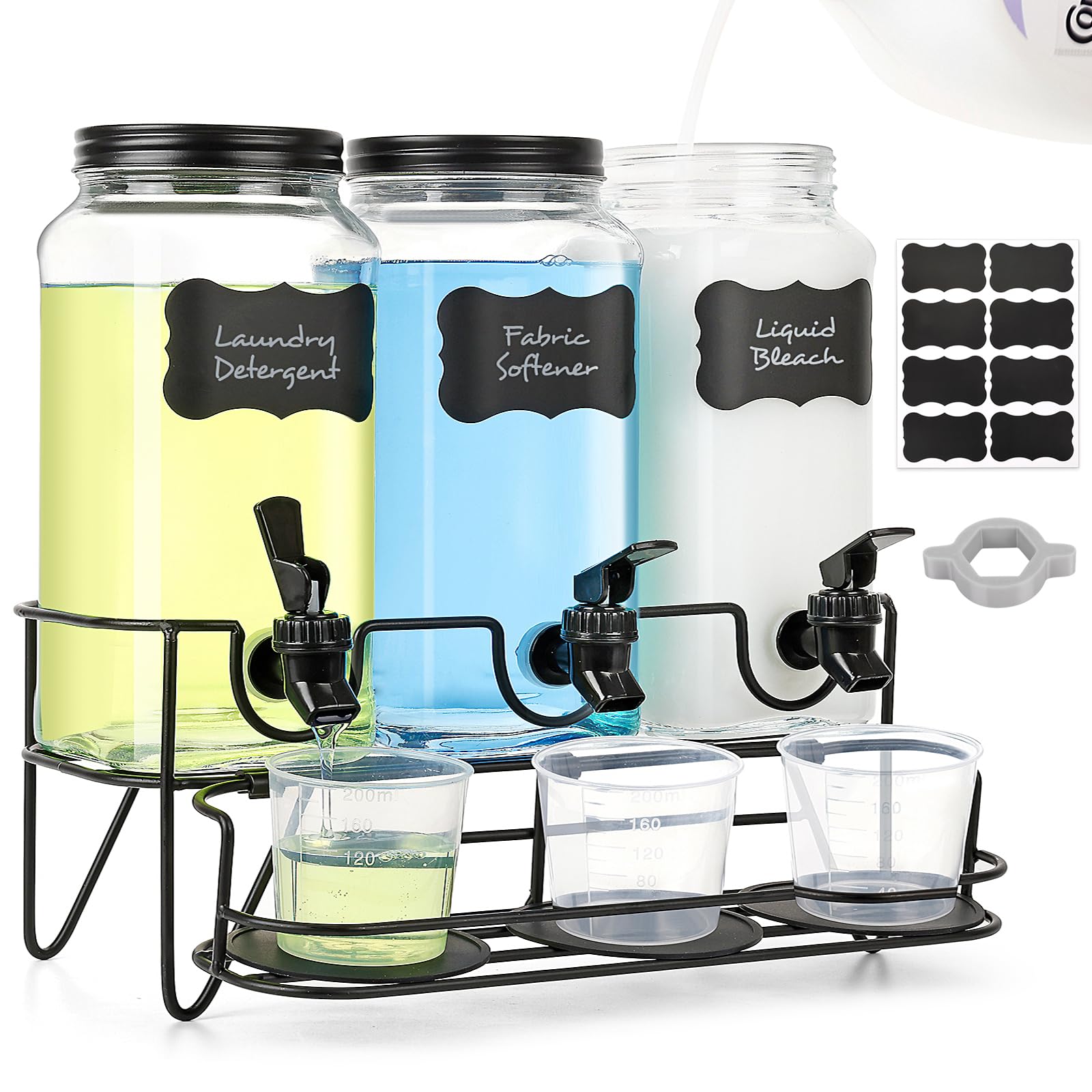 Photo 1 of 3 Sets 2.2L Liquid Laundry Detergent Dispenser, Glass Laundry Soap Dispenser with Stand, Measuring Cup, Fabric Softener Dispenser for Laundry Room Organization