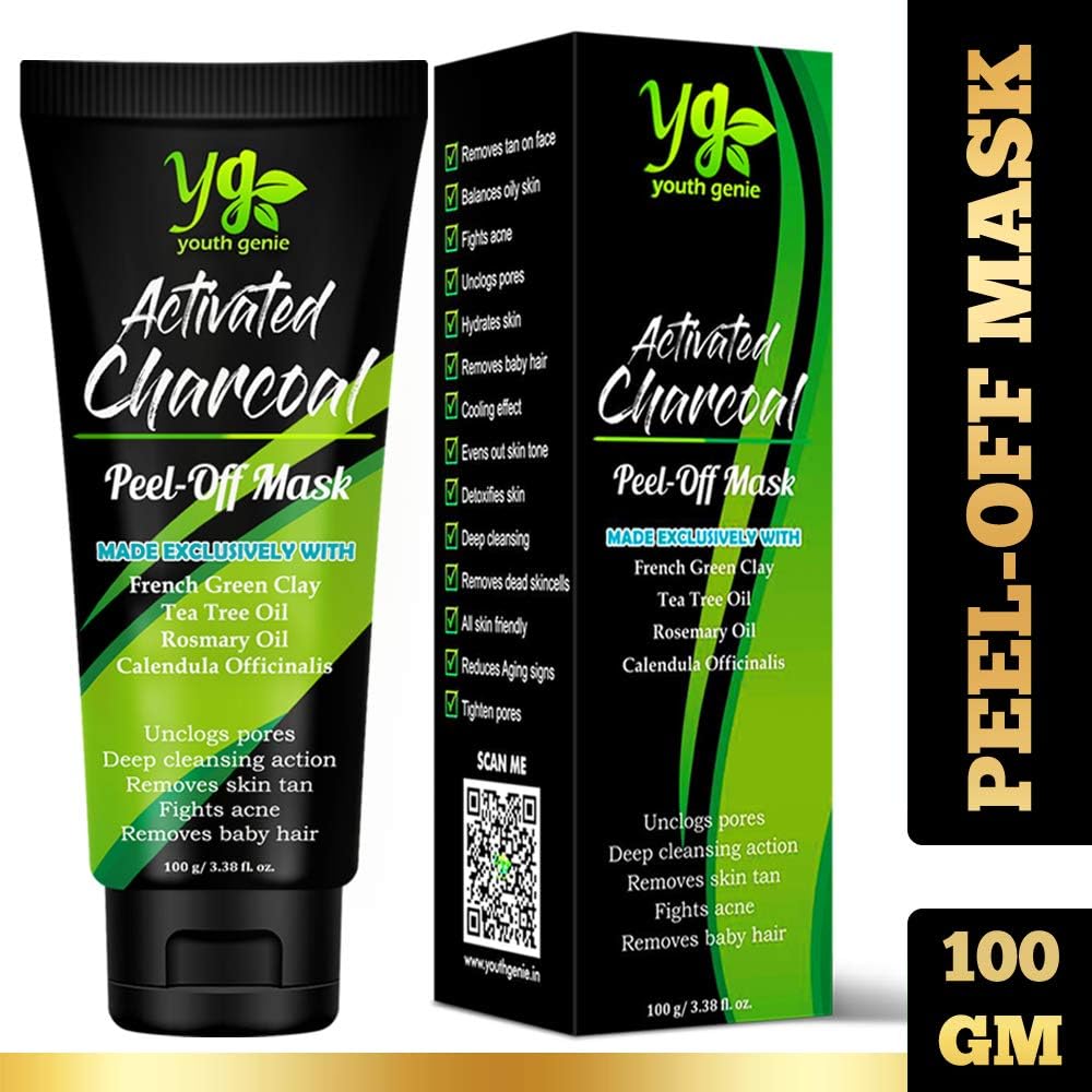 Youth Genie Activated Charcoal Peel Off Mask 100g, Blackhead Remover Mask, Face Mask | Deep Cleansing Mask | Deep Pore Cleanse for Acne | Oil Control | Anti-Aging | Detan | 100g