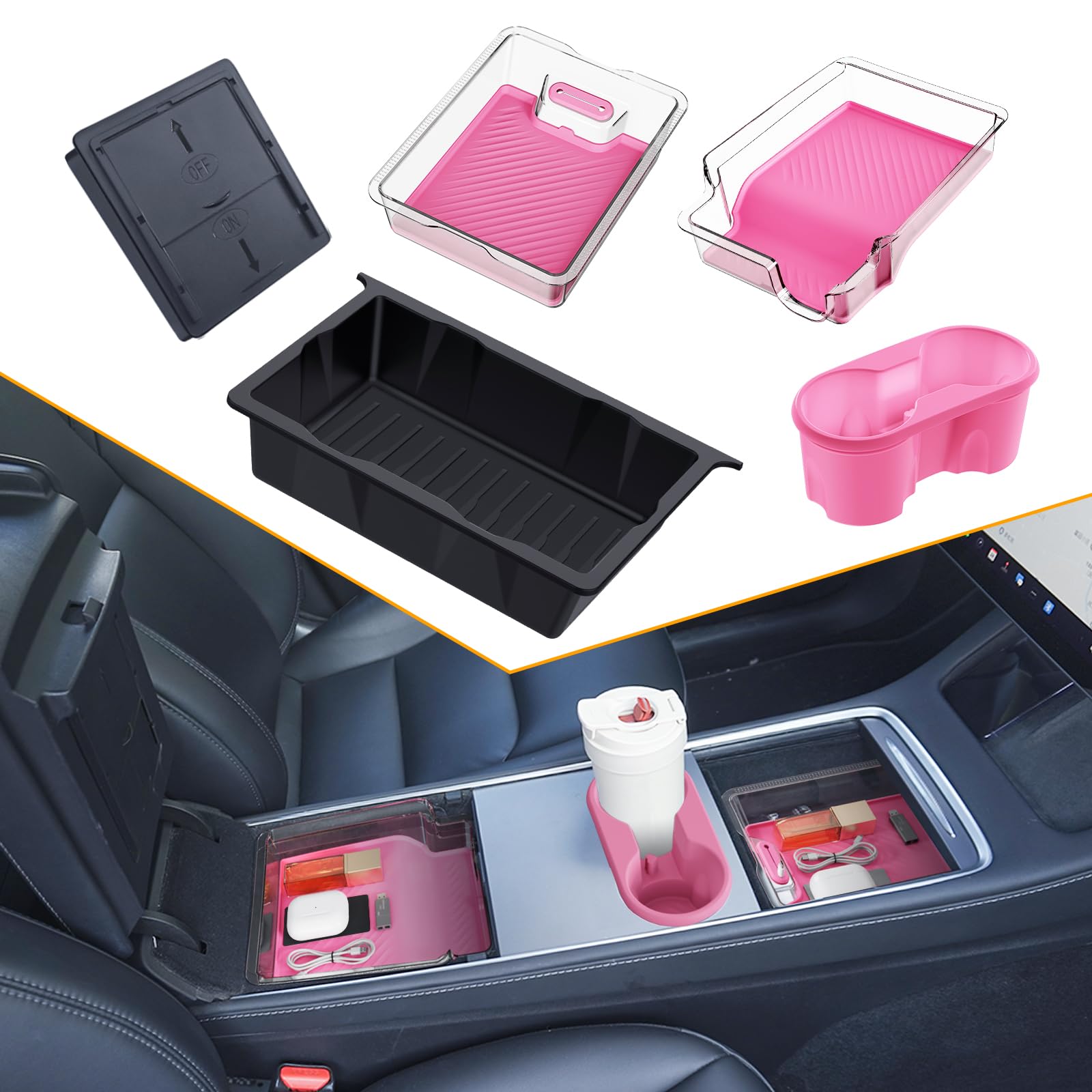BANKKY Center Console Organizer Tray 5PCS for Tesla Model Y Accessories 2024-2020(Not Fit Model Y Juniper), Armrest Storage Tray and Hidden Storage Box, Cup Holder Insert, Under Seat Storage Box Image