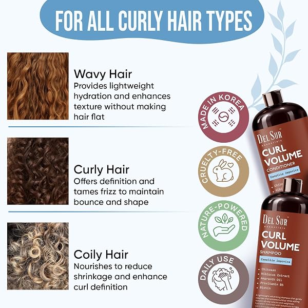 DEL SUR CURLY HAIR SHAMPOO AND CONDITIONER SET | CURL DEFINING, VOLUME & HYDRATION | 16 FL OZ EACH | WITH CAMELLIA JAPONICA, HIBISCUS & AMARANTH OIL | FOR CURLY, WAVY & COILY HAIR | WOMEN & MEN