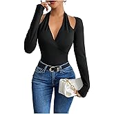 MakeMeChic Women's Going Out Tops Cut Out Wrap Halter Tee Bodysuit Long Sleeve Elegant Leotard Tops