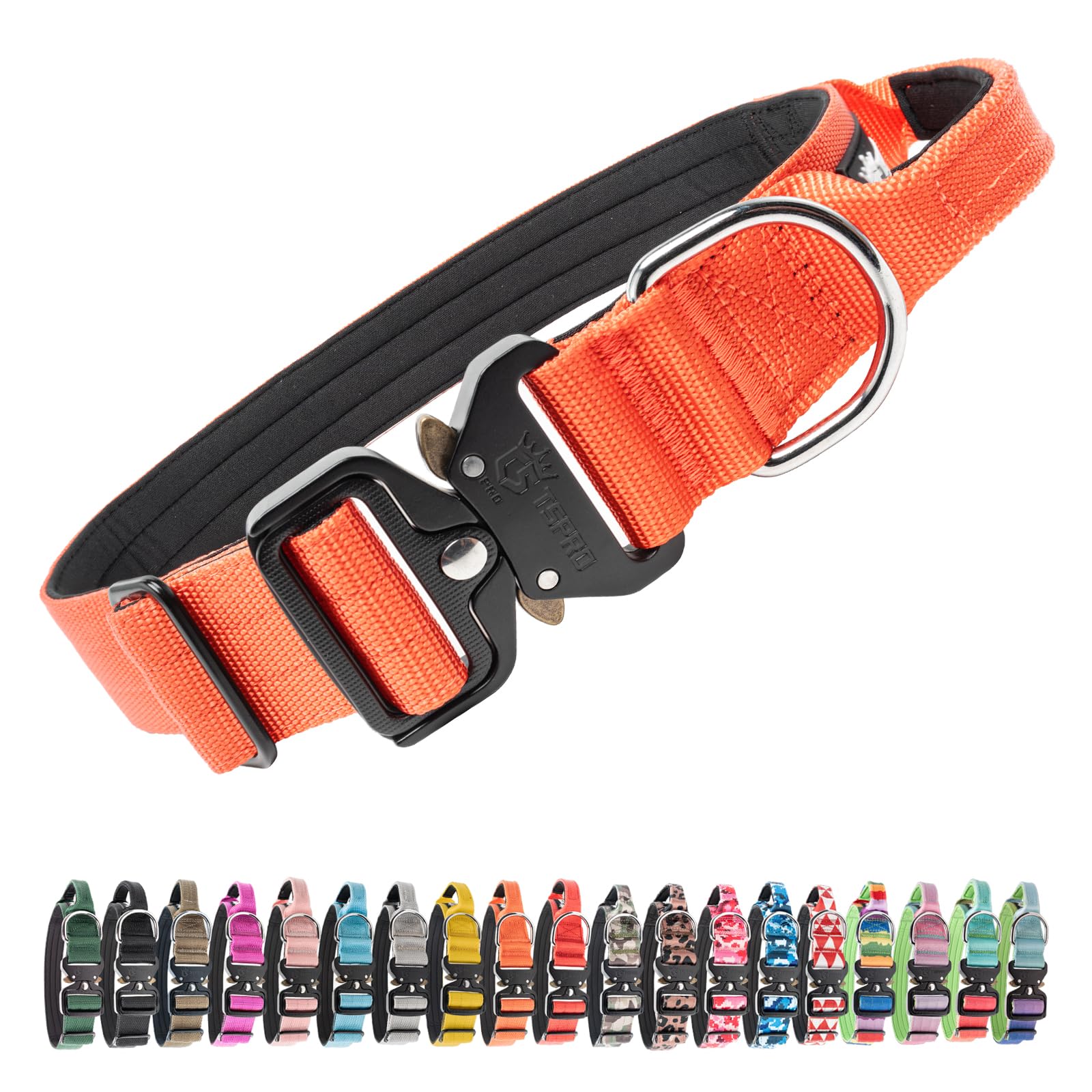 TSPRO Tactical Premium Dog Collar with Handle & Heavy Duty Quick Release Metal Buckle, Adjustable Thick Strong Collar for Medium Large Dogs (Orange, L)