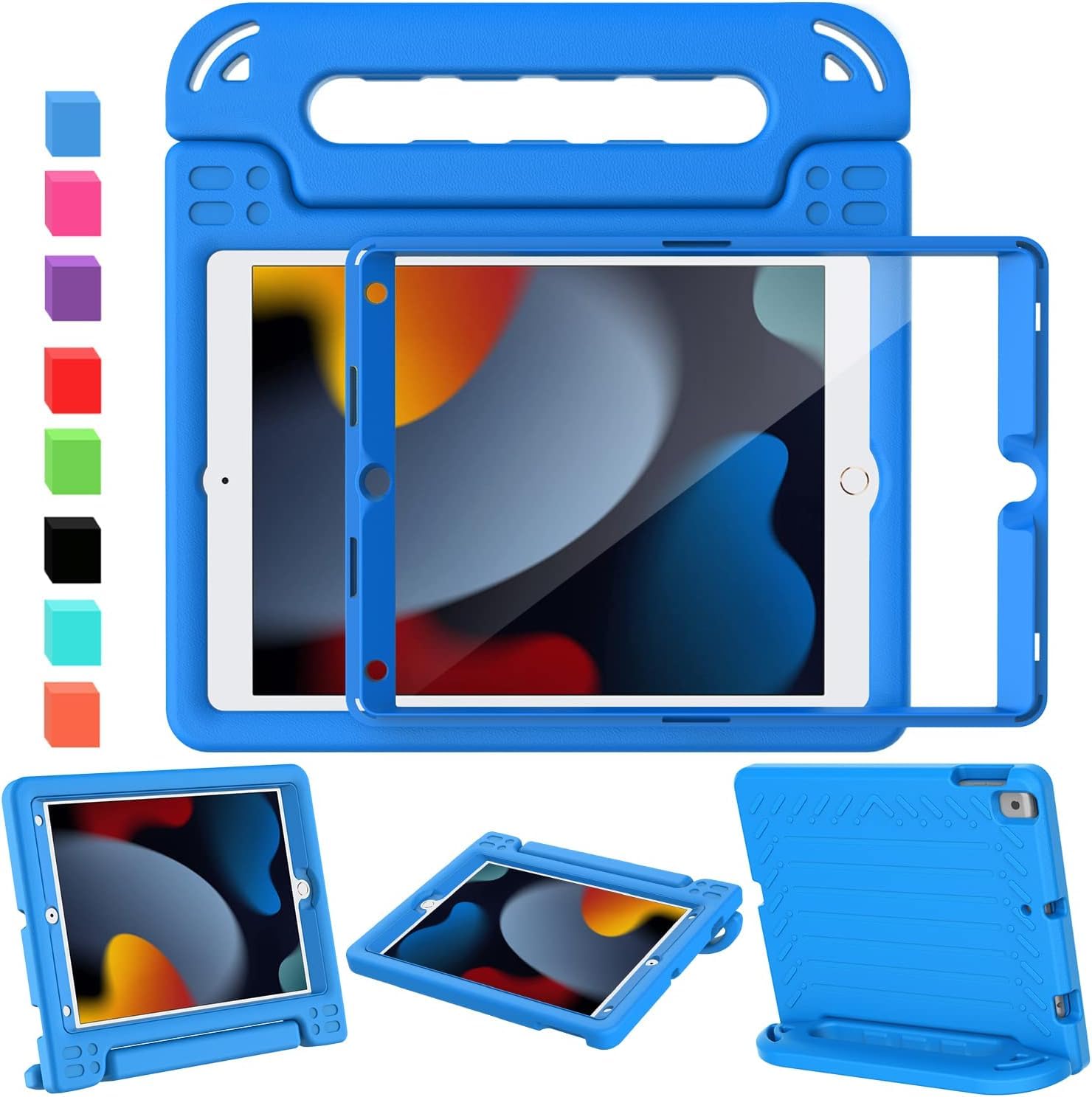 SINSO Case for iPad 9th Generation 2021/iPad 8th Generation 2020/iPad 7th Generation 2019, 10.2 Inch Kids ipad Cover Built-in Screen Protector, Shockproof Light Weight with Handle/Stand, Blue