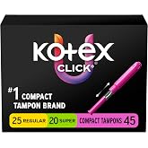 U by Kotex Click Compact Tampons, Regular/Super, Unscented, 45 Count | BPA Free, Gynecologist Tested, Smooth Tip Insertion, Individually Wrapped, Pocket-Ready, Leak Free Protection