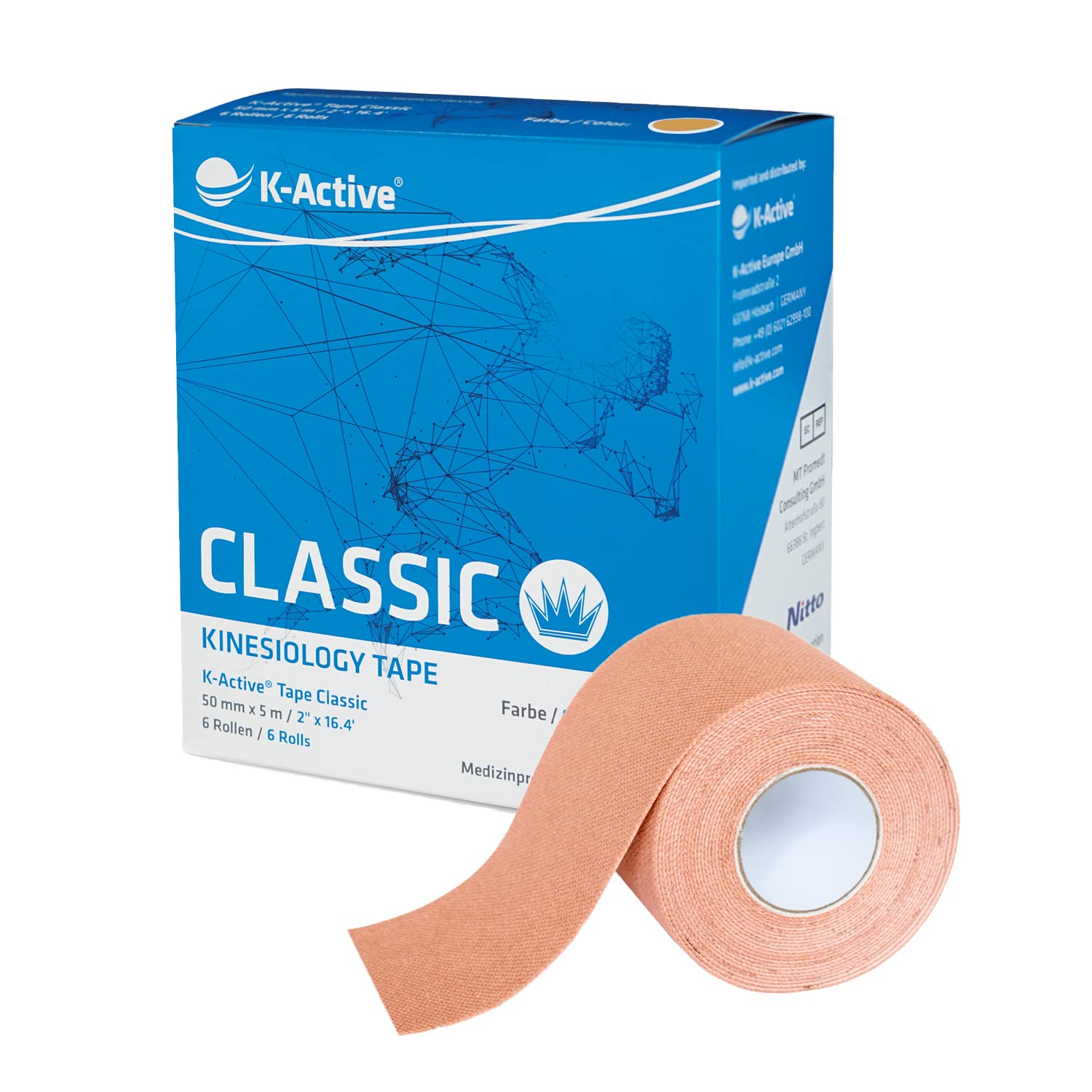 K-Active Kinesiology Tape Classic Beige, Water Repellent and Hypoallergenic, 50 mm x 5 m, 6 roll Set