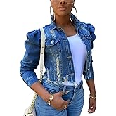 AMEBELLE Jean Jacket for Women Long Puff Sleeve Distressed Crop Denim Jackets Top