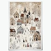 Scandinavian Aesthetic Wall Art Whimsical Winter Village Art Canvas Poster Vintage Holiday Home Decor Cute Christmas Winter Pictures Prints 8x12inch Unframed