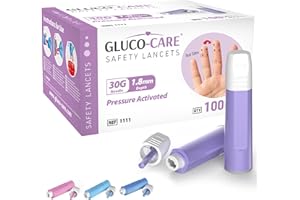 GLUCO-CARE Safety Lancets, Contact Activated, 30G x 1.8 mm, Pre loaded, Sterile, Box of 100, Convenient Fingerprick Device