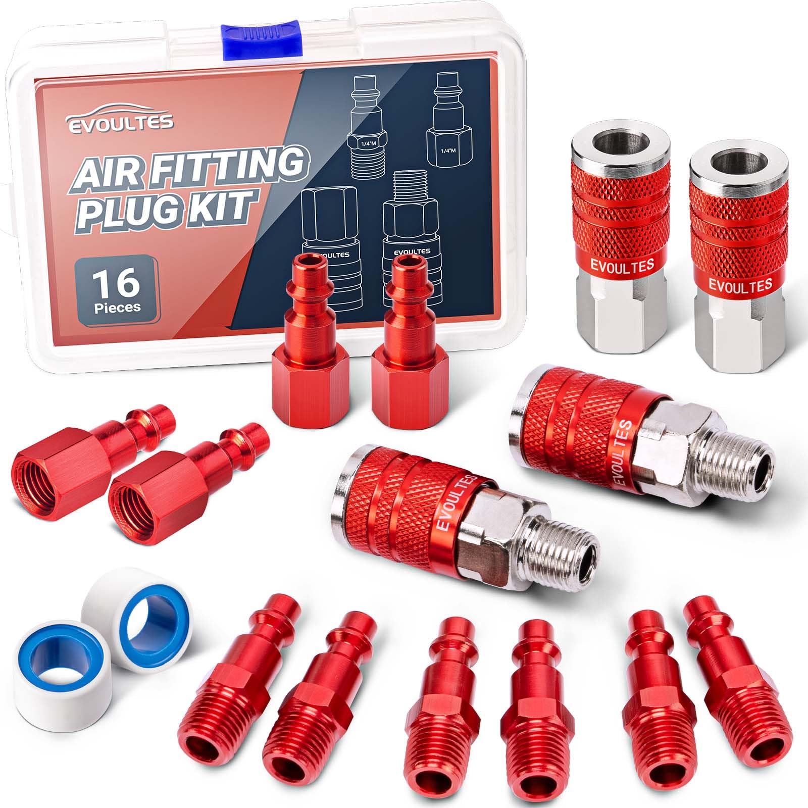 Photo 1 of EVOULTES 16 Pieces Universal 1/4" NPT Air Hose Fittings & Coupler Kit, Lightweight Aluminium With Quick Connect Plug, Pneumatic Tool Fitting for Compressor Accessories