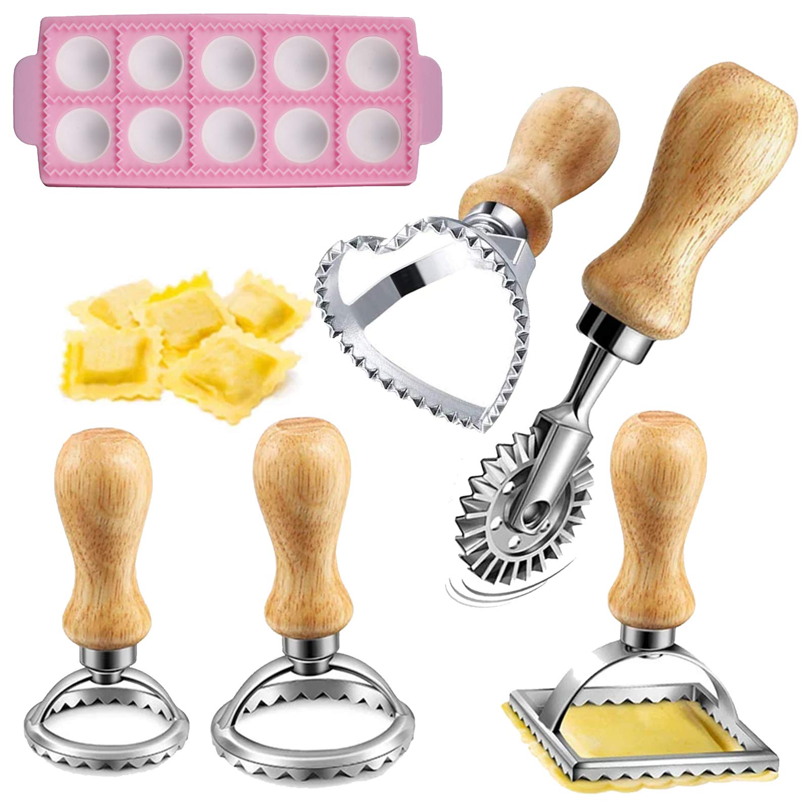 Ravioli Stamp Maker Cutter Set, Square Round Ravioli Maker Wheel Heart Maker Mold with Wood Handle Pasta Making Kit Pastry Cutter Dumpling Maker Italian Ravioli Mould Tray for Ravioli Pasta Dumplings