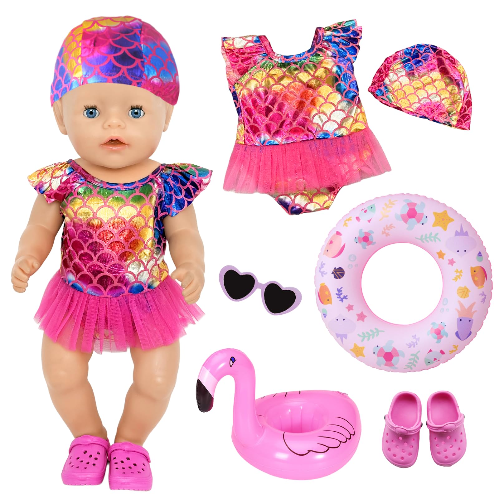 6 Pcs Baby Doll Clothes for 14-18 Inch Baby Dolls，Mermaid Newborn Baby Doll Swimming Set with Swimsuit Swimming Ring Sunglasses Slippers，36-45 cm Sweet Doll Swimming Outfits for Girls Birthday Gift