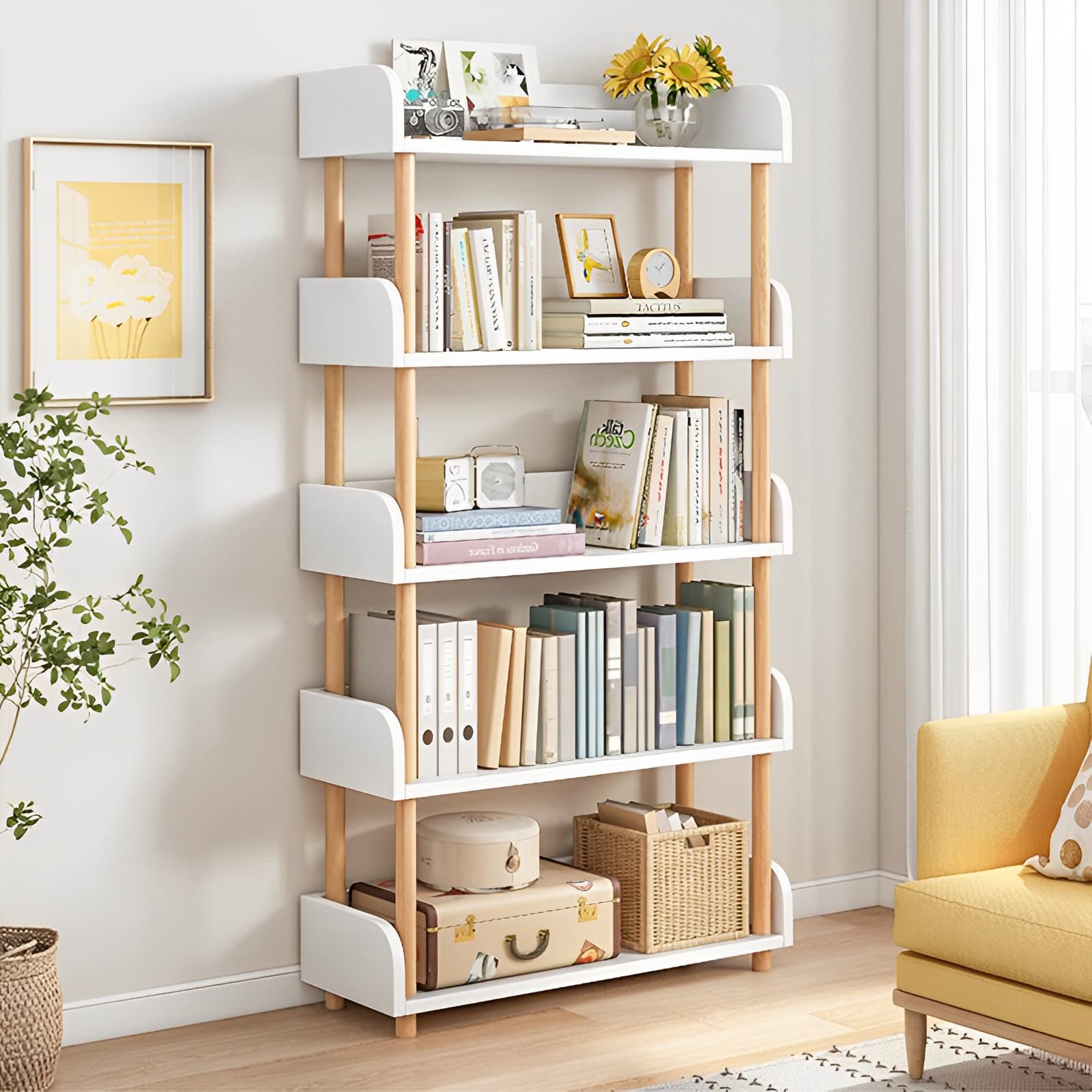 Photo 1 of OSCHF 5-Tier Wooden Open Bookcase - Modern Display Bookshelf with Side Panels and Solid Wood Frame for Home and Office, Shelf Unit in Warm White