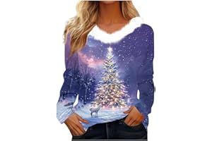 Ugly Christmas Sweaters Women Faux Fur Trim V Neck Sweatshirts Glitter Xmas Tree Graphic Long Sleeve Holiday Pullover
