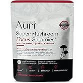Auri Nutrition Super Mushroom Focus Gummies w/Lion's Mane, Alpha GPC &amp; Rhodiola &ndash; Mushroom Supplement to Support Cognitive Function, Mental Clarity, Focus &amp; Energy, 60 Gummies, Vegan Friendly, Non GMO