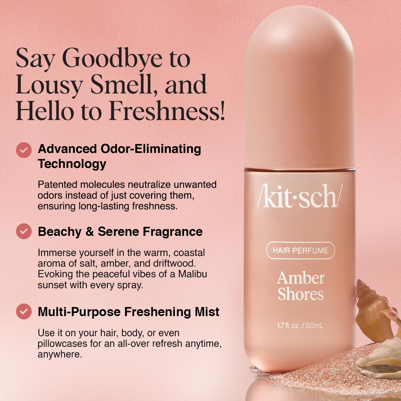 Kitsch Hair Perfume for Women - Amber Shores | Clean, Deodorizing & Patented Odor-Eliminating Technology Hair Spray & Body Mist - Freshen Hair, Body & Pillows - Woody Aquatic Scent - 50mL