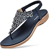 Littleplum Womens Sandals Arch Support Slingback Rhinestone Dressy Sandals Comfort Summer Shoes Ankle Strap Elastic Flats for Beach Walking