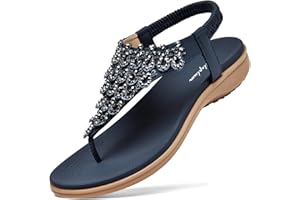 Littleplum Womens Sandals Arch Support Slingback Rhinestone Dressy Sandals Comfort Summer Shoes Ankle Strap Elastic Flats for Beach Walking