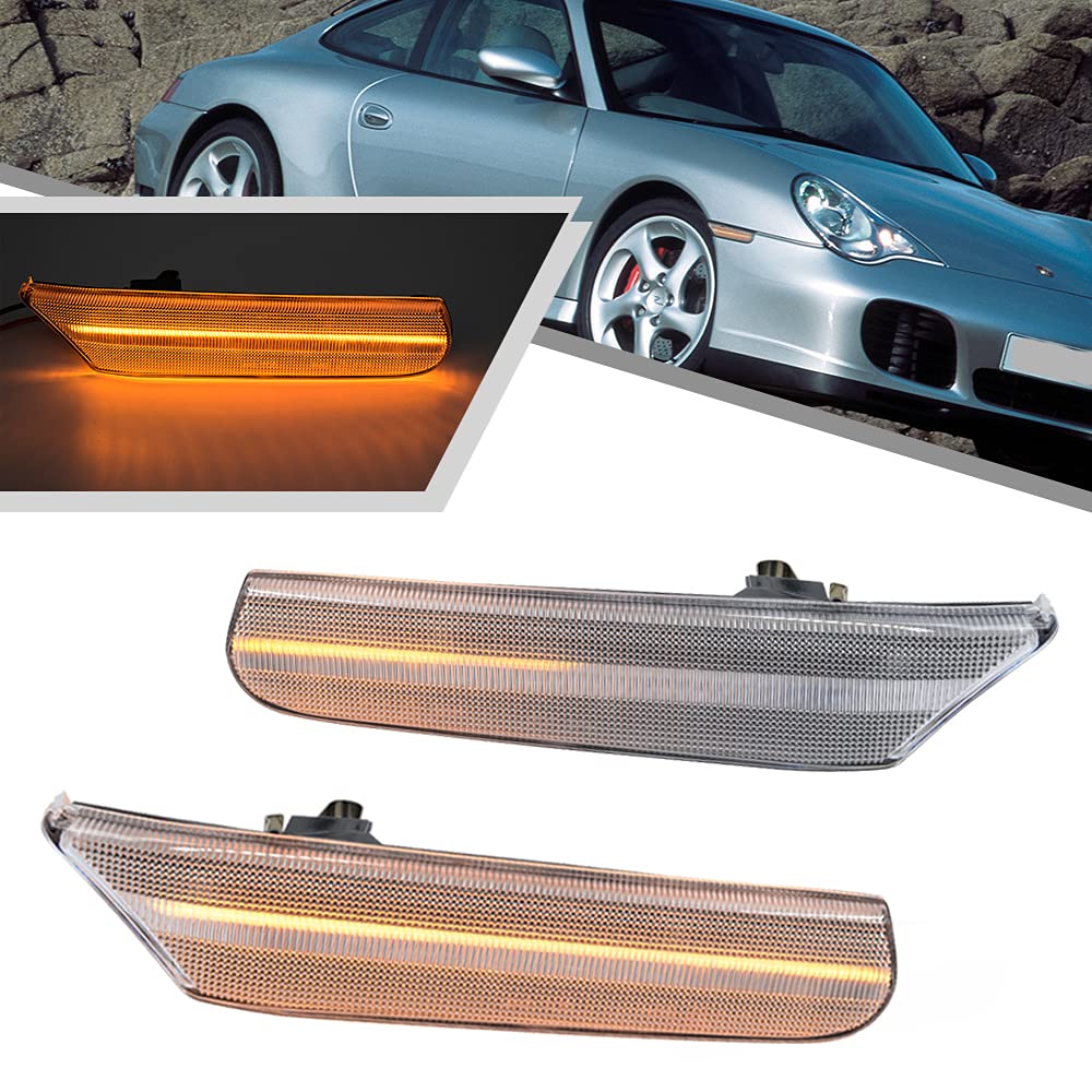 Photo 1 of 2Pcs Clear Lens Full LED Dynamic Sequential Blink Side Marker Lights for Porsche 911 1998-2005 Boxster 986 1997-2004 Front Bumper Side Marker Assembly