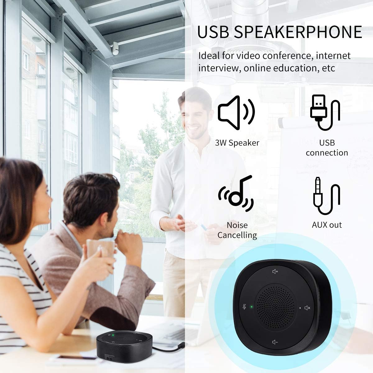 USB Speakerphone Microphone, Conference Speaker Omnidirectional Computer Mic, with 360º Voice Pickup, Touch-Sensor Buttons for Mute/unmute, Streaming, Call Speaker Skype, Webinar, Interview - Black: Computers & Accessories