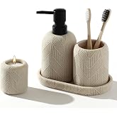 WUUAHOME 4 PCS Bathroom Accessory Set, Leaf Veins Texture, Beige | Modern, Luxurious, Minimalist, With 10.15 OZ Soap Dispenser, Tumbler, Vanity Tray, Candle Holder for Countertop Kitchen Sink