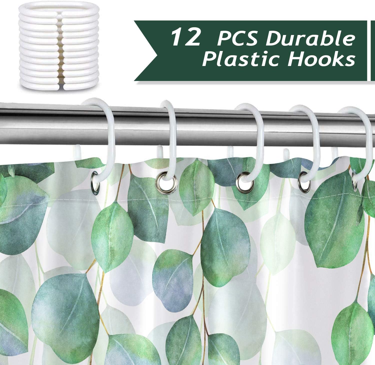 Bonhause Eucalyptus Green Leaves Shower Curtain 180 x 180 cm Leaf Plants Bathroom Curtain Waterproof Mildew & Mould Resistant Polyester Fabric Bath Curtain with 12 Hooks - Image 4
