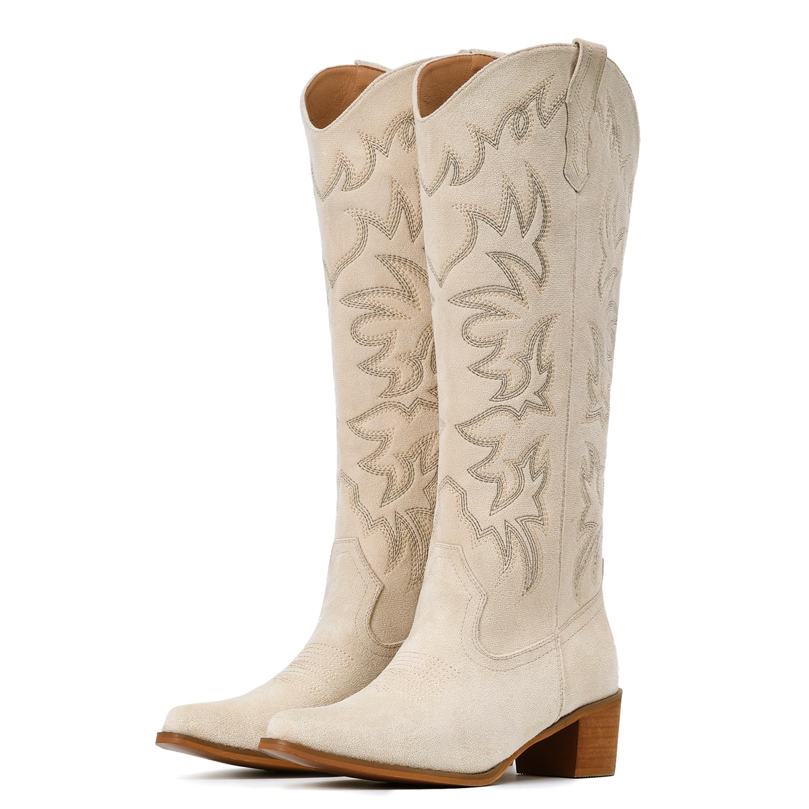 IUV Cowboy Boots For Women Wide Width Knee High Western Cowgirl Boots Snip Toe Side Zipper Chunky Heel Image