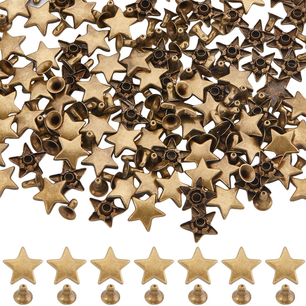 GORGECRAFT 1 Box 120 Sets Bronze Star Rivets Kits 12mm Metal Leather Rivets Tacks Studs and Spikes Flat Pentagram Shape Decorative Punk Nails for Clothes Bags Belts Shoes Jackets Leathercrafts