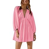 Tiko Miko Women's Sexy Long Sleeve V Neck Tunic Dress Casual Loose Flowy Mini Swing Shift Dresses(0499-Pink-M)