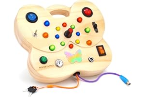 BITICOLOR Montessori Toddler Busy Board Wooden LED Busy Board with 15 LED Light Switch Butterfly Busy Board Sensory Toy Activity Board for Toddlers 3-4 Boys & Girls
